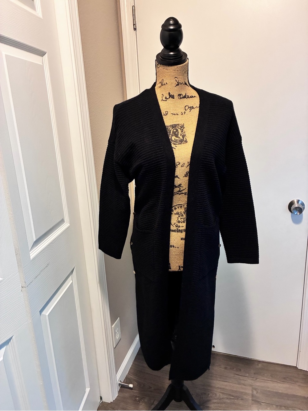 J.O.A. Black Longline Open-Front Ribbed Cardigan